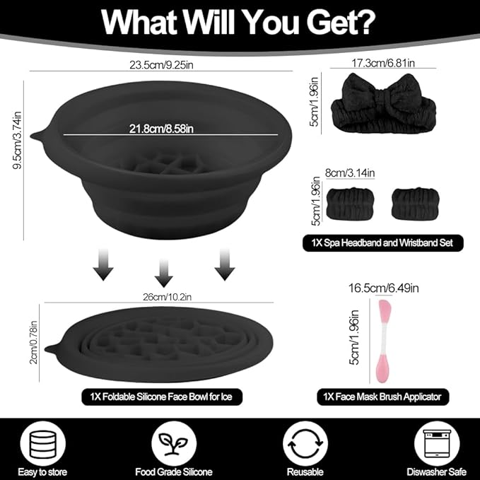 Face Bowl for Ice with Built-In Icetray, Facial Plunge Bowl with Face Wash Headband Wristband Set and Face Mask Brush Applicator, Silicone Ice Facial Foldable Washbasin,Ice Bath for Face (Black)