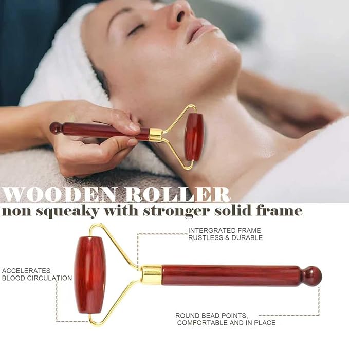 Wooden Gua Sha Facial Massage Tool and Roller Set, Facial Massager for Face, Neck, Eyes, Reduces Puffiness, Improves Wrinkles, Suitable for Women Care, Great Mother's Day Gift for Mom, Grandma