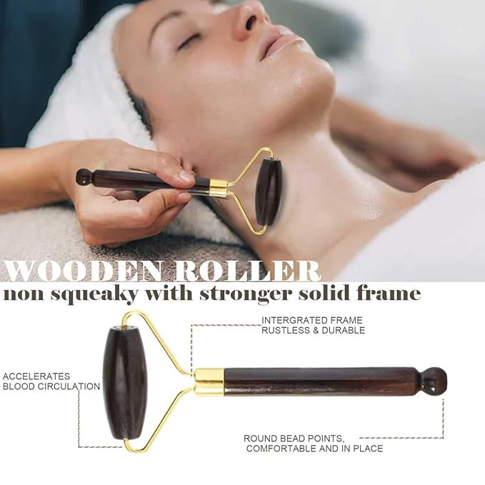 Wooden Gua Sha Facial Massage Tool and Roller Set, Facial Massager for Face, Neck, Eyes, Reduces Puffiness, Improves Wrinkles, Suitable for Women Care, Great Mother's Day Gift for Mom, Grandma