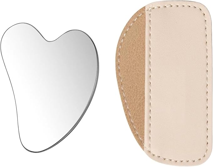 Stainless Steel Gua Sha Facial Tools Set, Metal Guasha Tool for Face and Body Massage(Scraping Board+Leather Cover)