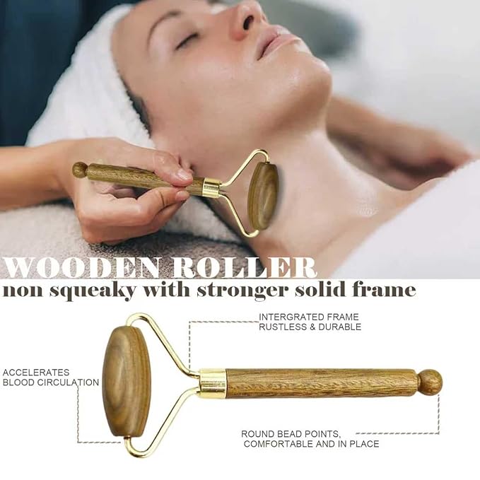 Wooden Gua Sha Facial Massage Tool and Roller Set, Facial Massager for Face, Neck, Eyes, Reduces Puffiness, Improves Wrinkles, Suitable for Women Care, Great Mother's Day Gift for Mom, Grandma