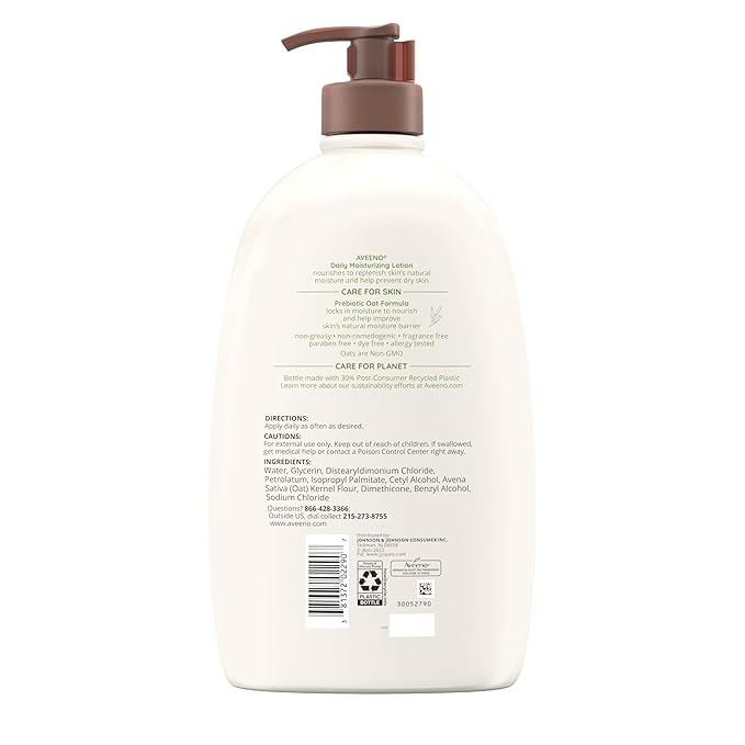 Aveeno Daily Moisturizing Body Lotion with Soothing Prebiotic Oat, Gentle Lotion Nourishes Dry Skin, Paraben-, Dye- & Fragrance-Free, Non-Greasy & Non-Comedogenic, Value Size, 33 fl. oz