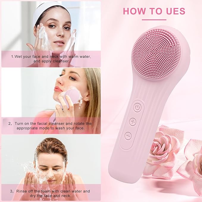 Silicone Face Scrubber Exfoliator, Silicone Face Wash Brush for Men & Women, Ipx7 Waterproof Rechargeable Facial Cleaner for Deep Cleansing, Exfoliating, Massage Face Scrubber (Pink)