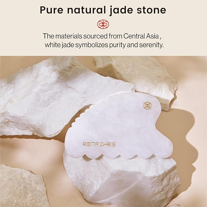 Rena Chris Gua Sha Facial Tool, Natural White Jade Stone Body Gua Sha with Exquisite Wooden Box, Large Guasha Suitable for Face Lifting, Puffiness Reducing and Whole-Body Massage, Skin Care Massager