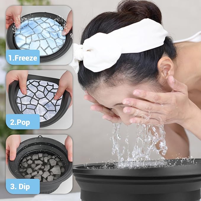 Foldable Facial Ice Bowl Gua Sha facial roller and Silicone Facial Ice Bowl Set Portable Ice Bucket Reusable Facial Ice Holder for Facial Treatments Eliminate Puffiness Travel Built-in Ice Cube