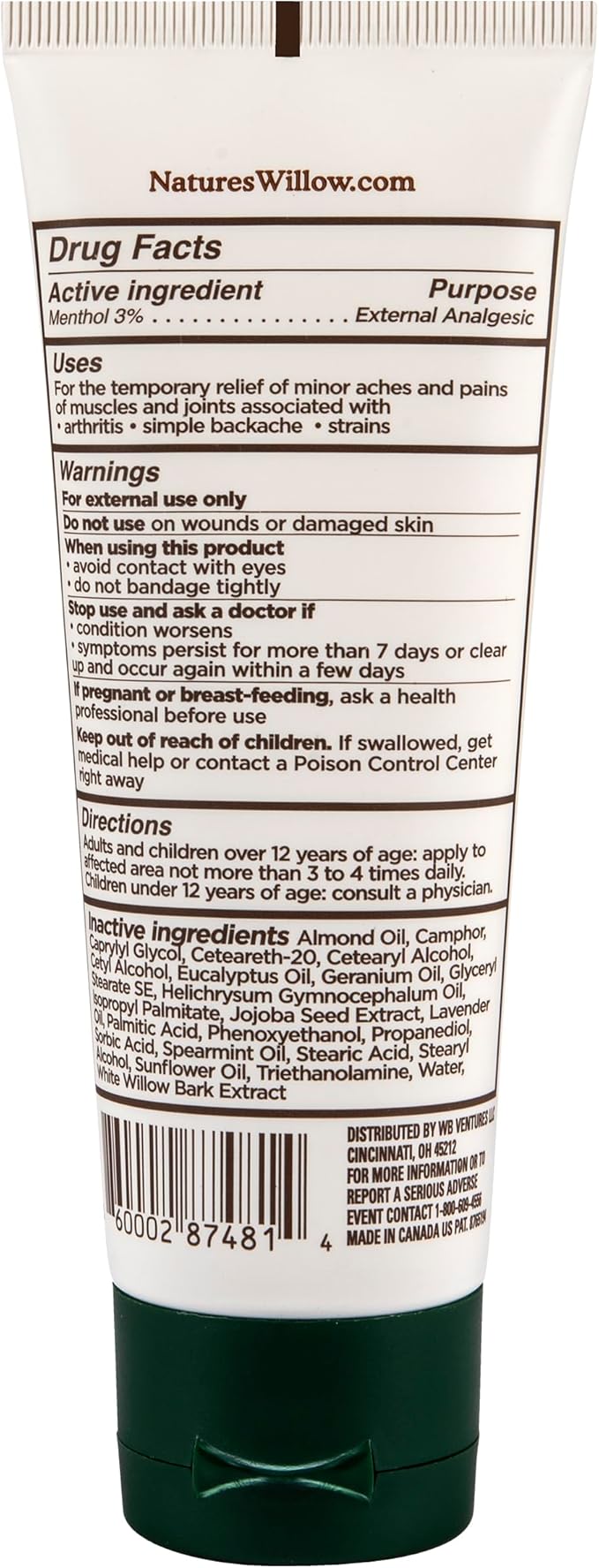 Nature's Willow Willow Balm Natural Pain Relief Cream for Muscles & Joints | Fast-Acting with Willow Bark & Menthol | Free from Artificial Fragrances & Dyes | 1-Pack | 3.5 fl oz