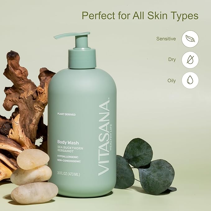 Vitasana Natural Body Wash for Sensitive Skin, 16 oz – Sea Buckthorn & Bergamot Scent, 98.9% Plant‑Derived, EWG Verified, Hypoallergenic, Paraben‑Free, Sulfate‑Free, Cruelty‑Free