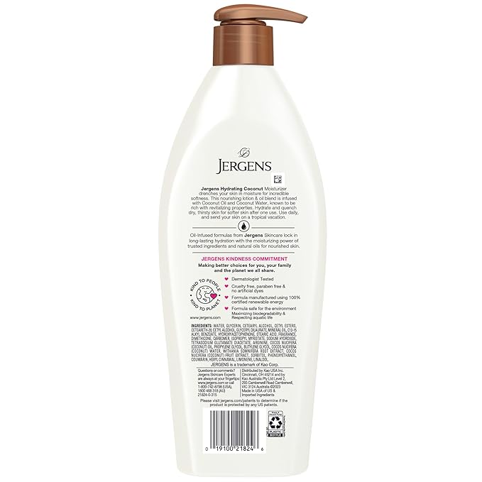 Jergens Hydrating Coconut Body Lotion, Hand and Body Moisturizer Hydrates Dry Skin Instantly, Infused with Coconut Oil, Dermatologist Tested, 16.8 oz
