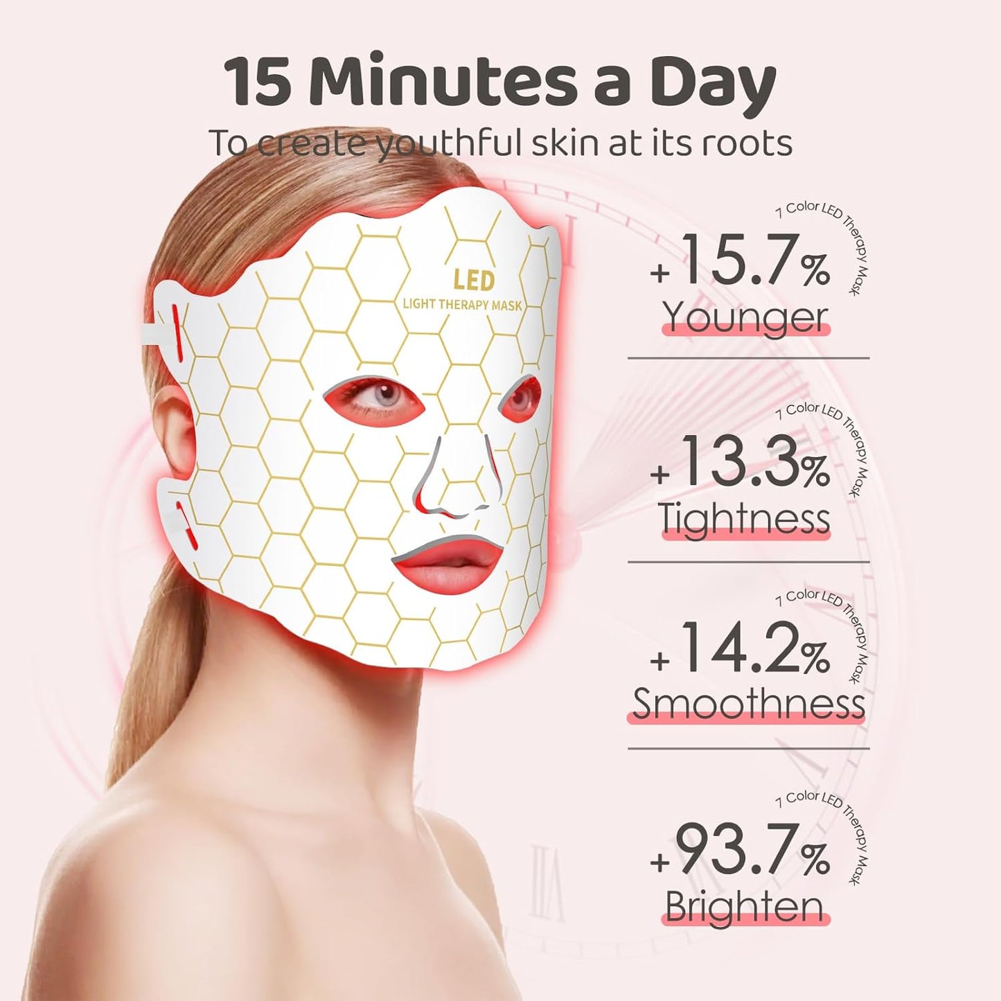 Yahi Red Light Photon Facial & Neck Mask with Remote Control, 7 Custom Modes with Infrared, Portable & Rechargeable with Timer for Home Use, 175 High-Density Light Beads, White