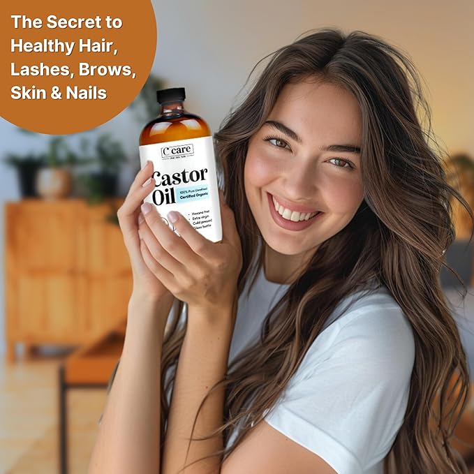 Castor Oil 100% Pure Organic Cold Pressed Unrefined Glass Bottle | USDA Certified Organic | Hexane Free Extra Virgin | For Hair Growth Eyebrows Eyelashes Skin and Castor Oil Pack Wrap