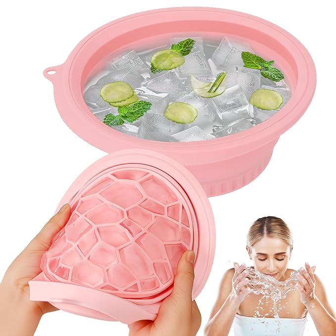 Palksky Face Ice Bath Bowl with Built-in Icetray, Silicone ICES Facial Bowls Collapsible Washbasin, Facial Plunge Bowl, Face Icebath at Home for Skin Tightening, Acne Relief, (Bright Pink
