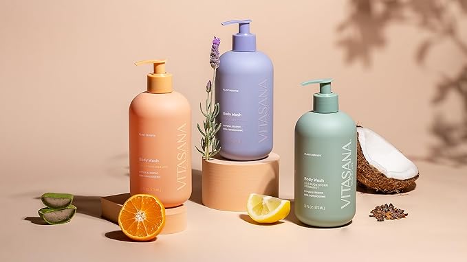 Vitasana Natural Body Wash for Sensitive Skin, 16 oz – Mandarin Orange Scent, 98.9% Plant‑Derived, EWG Verified, Hypoallergenic, Paraben‑Free, Sulfate‑Free, Cruelty‑Free
