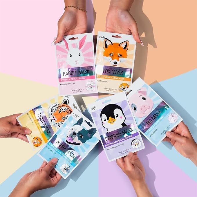 Epielle Animal Character Sheet Masks Tiger 6 Pack, Calming & Restoring Face Mask Skincare Set with Citrus & Green Tea, Girls Spa Party Favors, Sleepover, Self Care Gifts for Women, Korean Skin Care