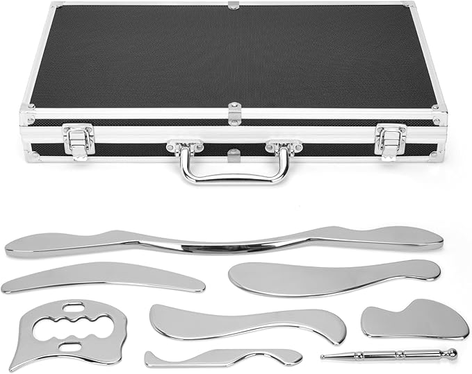 tonchean 8-Piece Muscle Scraper IASTM Tool Set, Gua Sha Scraping Massage Tool Set Stainless Steel Myofascial Release Tool Deep Tissue Massage Tool Set for Reduce Arms, Legs, Back, Shoulder Muscle Pain