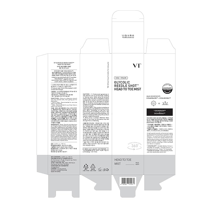 VT COSMETICS 7% Glycolic Acid Reedle Shot Head-to-Toe Mist with Niacinamide, Exfoliating Spray for Bumpy & Strawberry Skin, Dark Spots, Skin Texture, Keratosis Pilaris, Korean Skincare (4.05 fl oz)