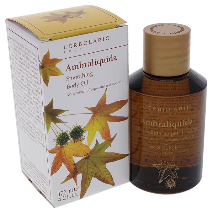 L’Erbolario Ambraliquida Smoothing Body Oil - Firming, Anti-Aging, Dry Skin Moisturizer - Massage and Vitamin E Oil with Liquidambar Extract - 4.2 oz