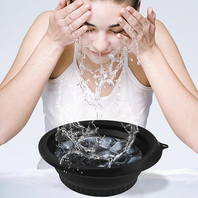 2PCS Large Bowl for Face Ice Bath Foldable Basin with Built-in Ice Tray Collapsible Silicone Bowl for Dipping Face Bath Portable Spa Tool for Home & Travel Reducing Puffiness (Black)