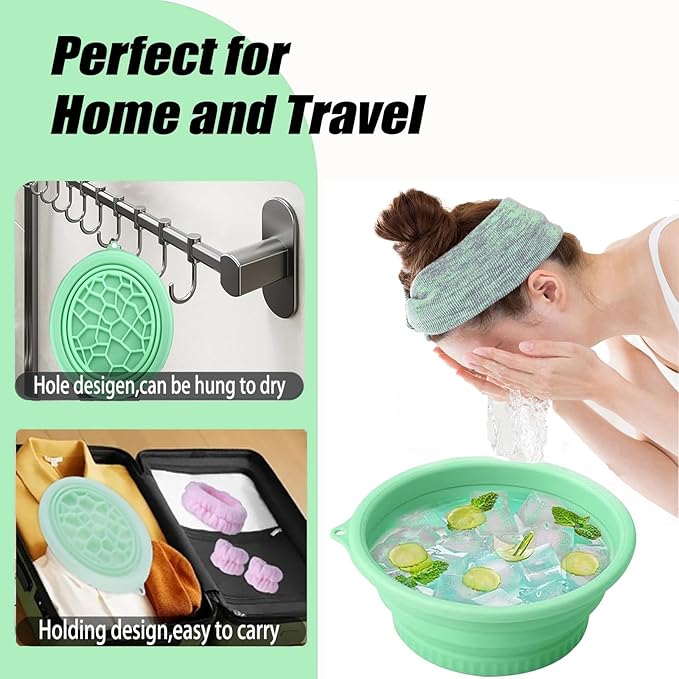 Face Ice Bath Bowl Mold With Built-In Icetray, Portable Foldable Silicone Dipping Water Facial Cold Immersion Therapy Plunge Ice Bowl For Face Ice Bath Holder For Home And Travel (Green)