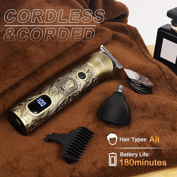Ufree Hair Clippers for Men Professional with Beard Trimmer, Barber Clippers and Trimmers Set, Electric Razor Shavers for Men, Cordless Mens Grooming Kit for Nose, Face, Hair, Gifts