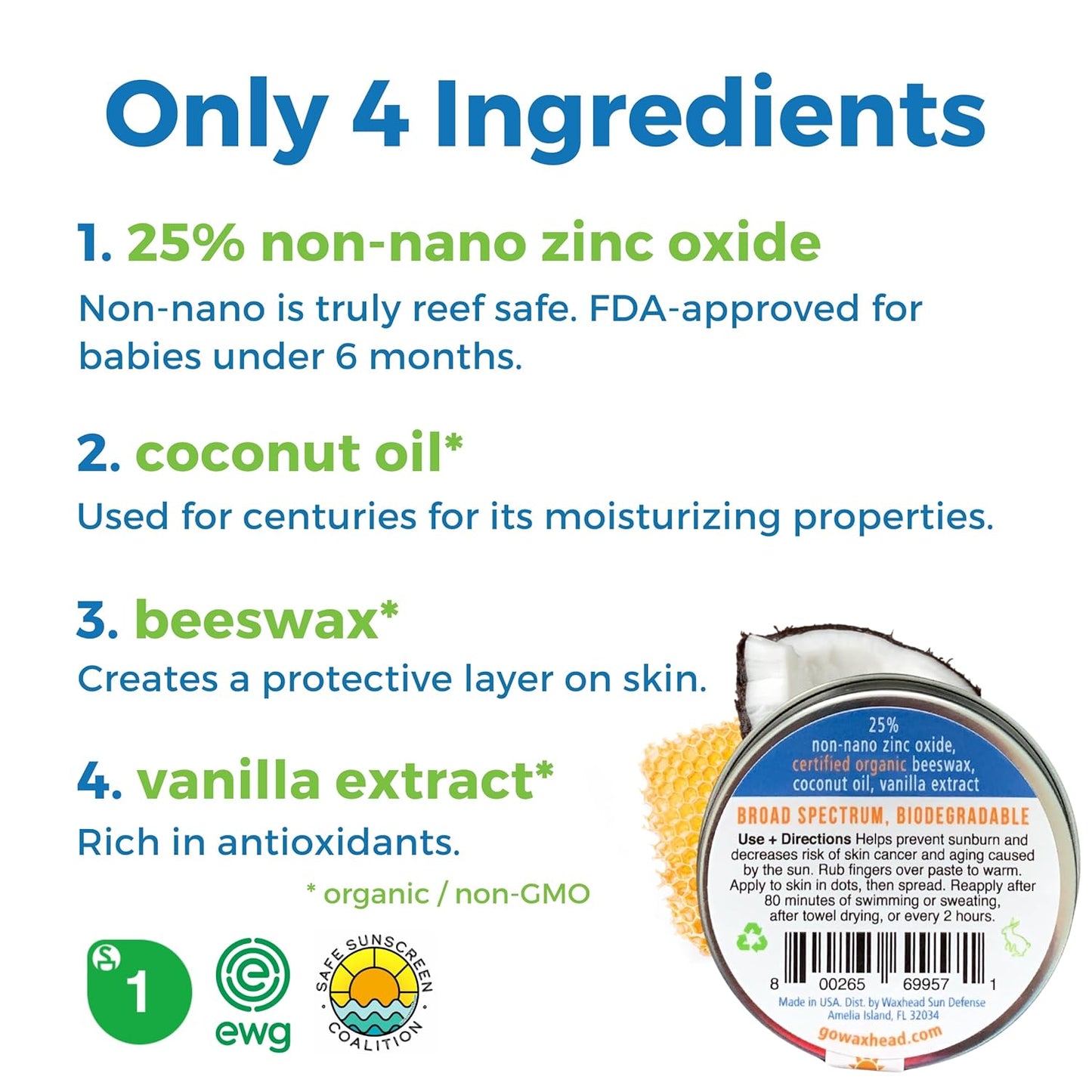 Waxhead Zinc Oxide Sunscreen Face & Nose - Sensitive Skin Safe SPF 30, Reef Safe Physical Visible Protection for Acne Prone Skin, Waterproof Natural Mineral Sunscreen for Kids & Adults (White 2oz)