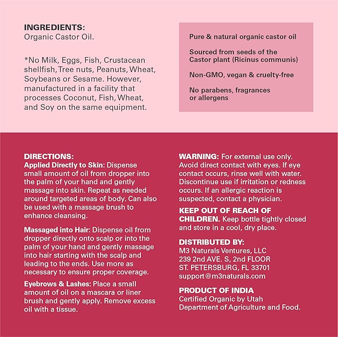 100% Pure Organic Castor Oil for Hair, Lash and Eyebrow Growth, Lymphatic Drainage, Stomach Discomfort and Skin Hydration | Hexane-Free, Cold Pressed, Unrefined in a 4 fl oz Glass Bottle with Dropper