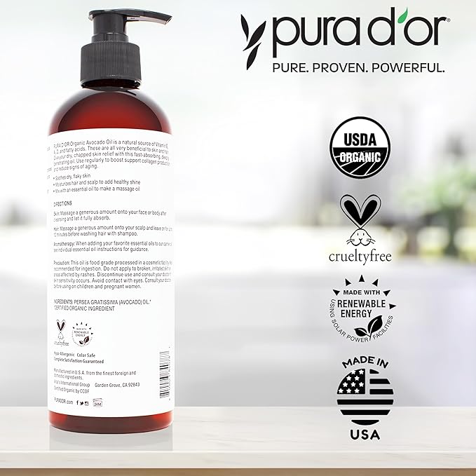 PURA D'OR 16 Oz ORGANIC Avocado Oil - 100% Pure & Natural USDA Certified Cold Pressed Carrier Oil For DIY Beauty, Non-Greasy, Unscented, Hexane Free Liquid Moisturizer - Face Skin & Hair - Men & Women