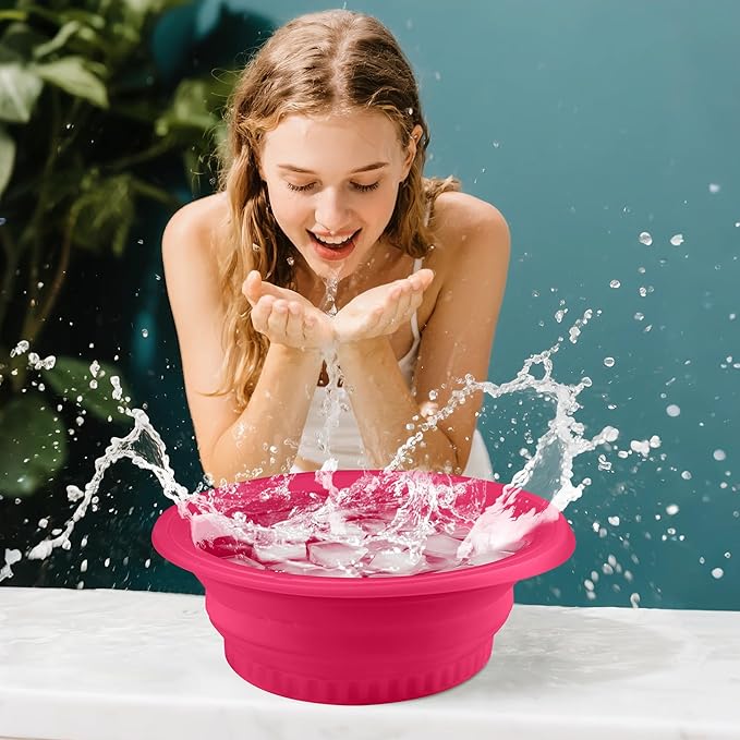 Large Bowl for Face Ice Bath, Foldable Facial Ice Bath with Built-in Icetray, Silicone Facial Ice Bath Bowl, Ice Face Bowl (Rosy)