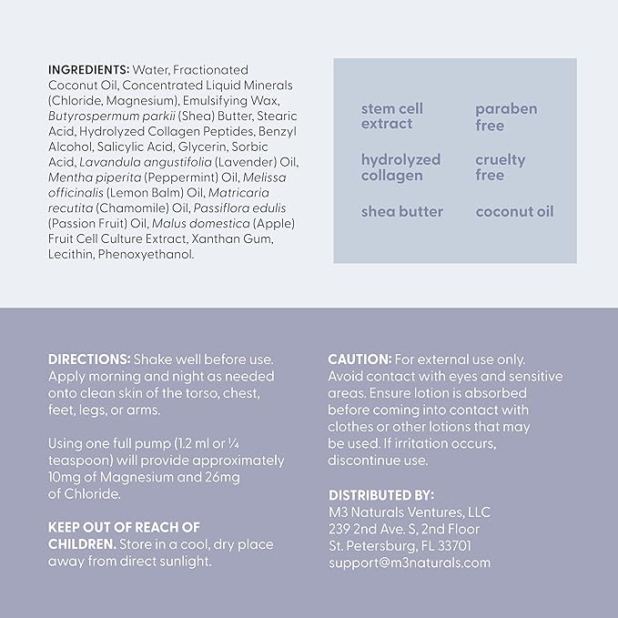 M3 Naturals Lavender & Chamomile Magnesium Lotion for Sleep, Relaxing Nightime Cream for Leg Cramps, Sore Feet and Joints | With Moisturizing Shea Butter, Coconut Oil, Collagen, Stem Cells, 8 fl oz