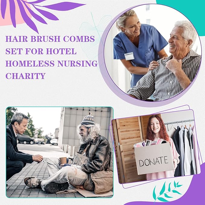 48 Pcs Mini Hair Brush and Combs Set Bulk for Homeless Individually Wrapped Curly Thick Long Smoothing Hair Brush for Women Men Kids Hotel Nursing Charity(Multicolor)