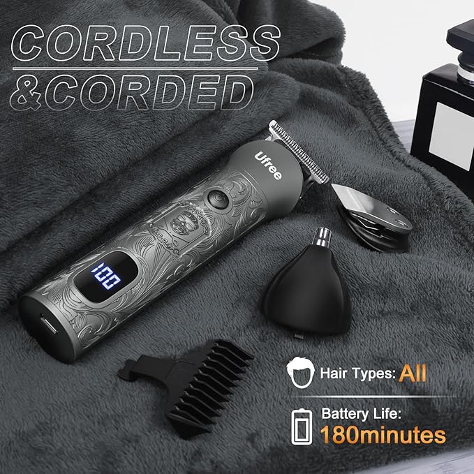 Ufree Beard Trimmer for Men Professional with Hair Clippers, Barber Clippers and Trimmers Set, Electric Razor Shavers for Men, Cordless Mens Grooming Kit for Nose, Ear, Face, Hair, Gifts