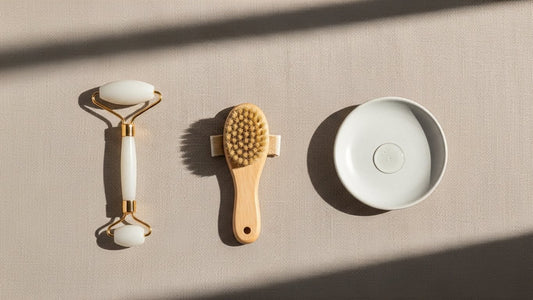 Beauty tools including jade roller and gua sha for mindful skincare healing ritual