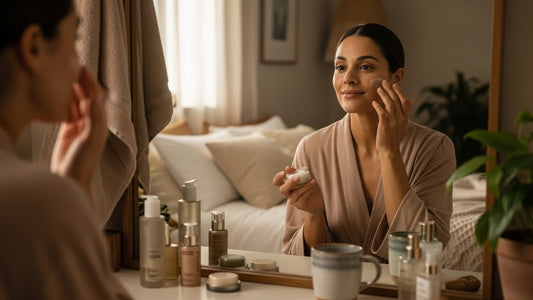 Busy professional maintaining consistent self-care routine with skincare products and wellness essentials