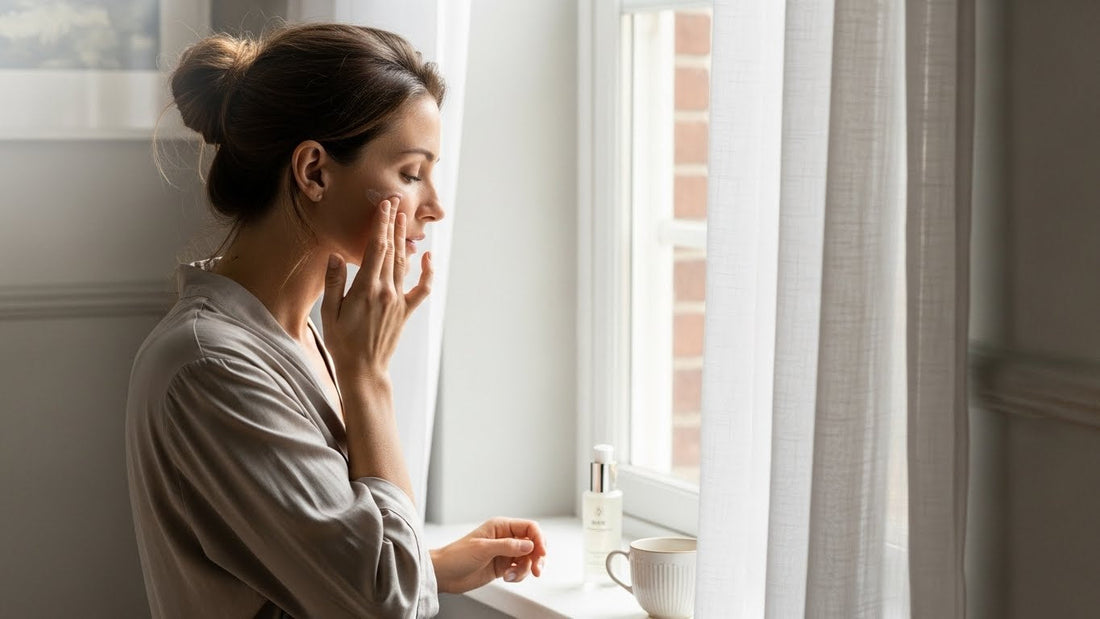 Woman enjoying peaceful morning skincare routine with natural light and wellness products