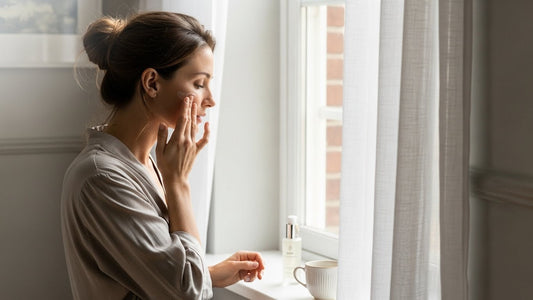 Woman enjoying peaceful morning skincare routine with natural light and wellness products