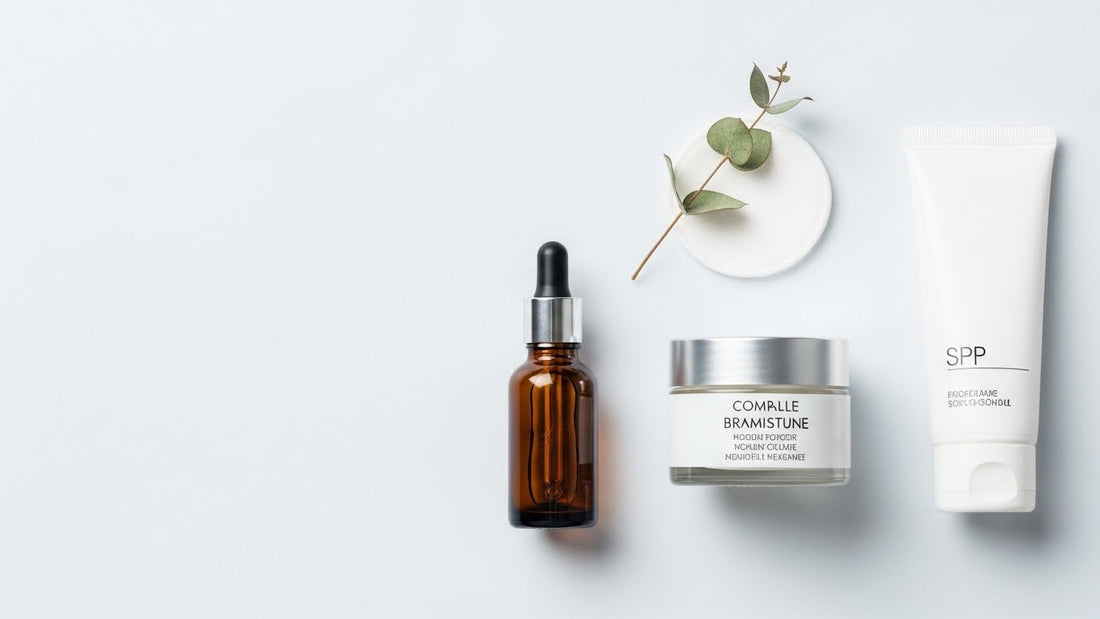 Minimalist skincare setup with essential beauty products on clean white surface