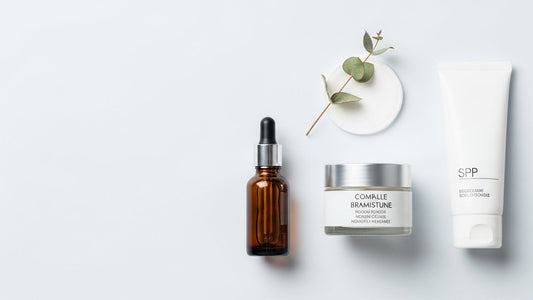 Minimalist skincare setup with essential beauty products on clean white surface