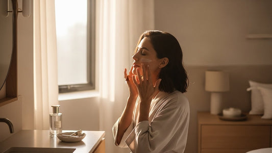 Woman practicing slow beauty mindset with mindful skincare routine in peaceful natural setting