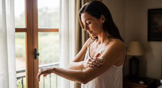 Woman using gentle body massage tools for improved circulation at home