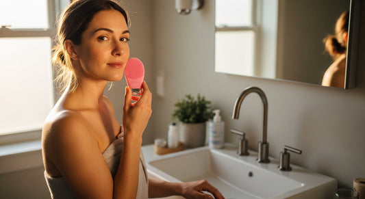 Woman using facial cleansing device for gentle skincare routine