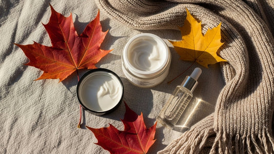 Woman adjusting skincare routine for seasonal weather changes with winter and summer products