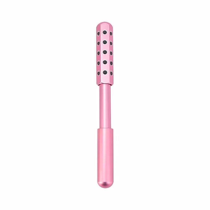 30-Stone Facial Roller - Cooling Face & Neck Massager Tool for Skin Rejuvenation | 360° Contouring with Germanium Stones & Aircraft Aluminum | Portable 7.6" Beauty Roller - Pink