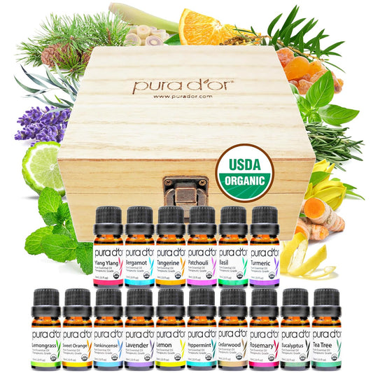 Organic Sweet16 Essential Oils Set - 16X 10Ml Wood Box Aromatherapy Gift Set - 100% Pure Therapeutic Grade for Relaxation and Wellness (Lavender, Rosemary, Turmeric, Ylang Ylang & More)