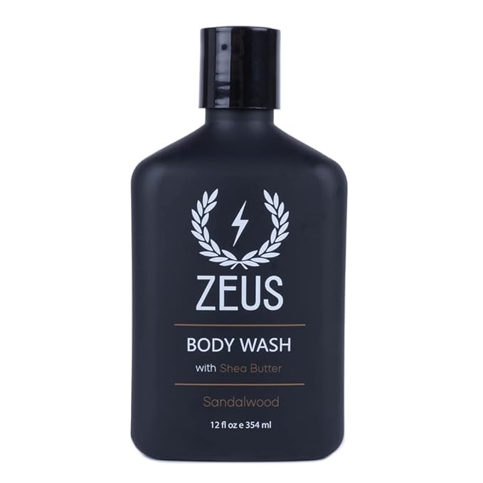 ZEUS Men's Natural Body Wash, Hydrating Shower Gel with Sandalwood Oil, Aloe Vera, Shea Butter & Invigorating Essential Oils for Skin Revitalization (Made in USA) 12 oz.