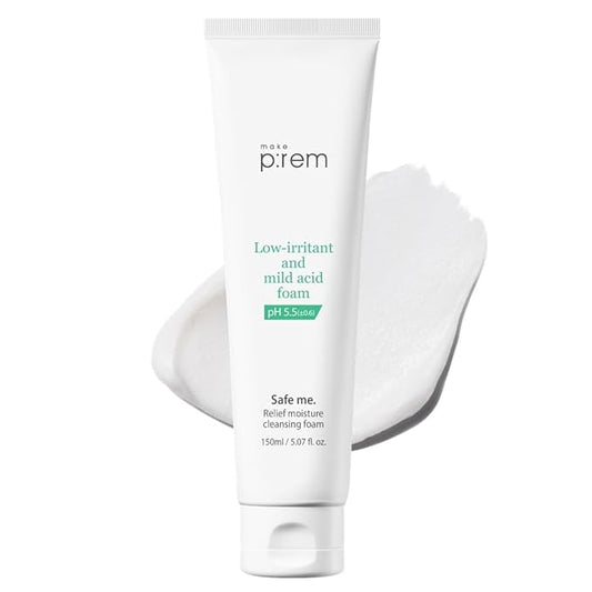 MAKE P:REM Safe Me. Relief Moisture Cleansing Foam, Delicate Eye-Friendly Face Wash for Sensitive Skin, pH Balanced Deep Pore Cleansing, Korean Skin Care, 5.07 Fl Oz, 150ml