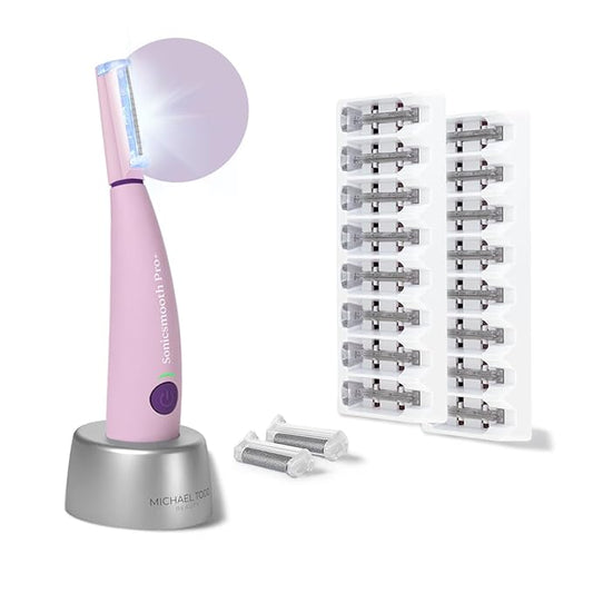 Michael Todd Beauty Sonicsmooth Pro+ Dermaplane Razor for Women Face + Eyebrow trimmer Dermaplaning System w/LED Light Peach Fuzz Remover -16 Dermaplaning Blades & 2 Microsmooth Exfoliation Tips