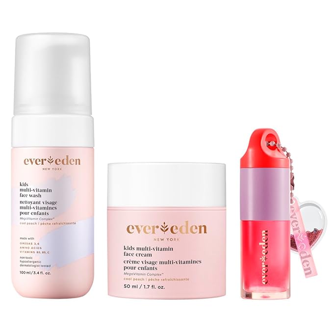 Evereden Happy Kids Skin & Lips Routine - Multi-Vitamin Kids Face Wash & Kids Face Cream & Tinted Lip Oil Set - Clean & Vegan Skin Care for Kids 3+ - Moisturizing, Nourishing, & Protective Kids Skin