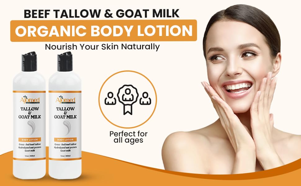 Grass Fed Beef Tallow & Goat Milk Body Lotion for Sensitive Skin, Organic Tallow Lotion - Soothes Dry Patches, dry skin, Eczema-Goat Milk Moisturizer - Handmade Tallow Body Lotion (UNSCENTED, 12 Oz)
