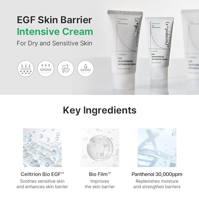 Zipiderm EGF Skin Barrier Intensive Cream, Barrier Repair Cream, Korean Hydrating Moisturizer for Sensitive, Damaged Skin, Redness & Dryness, Non-comedogenic tested, 2.70 fl oz
