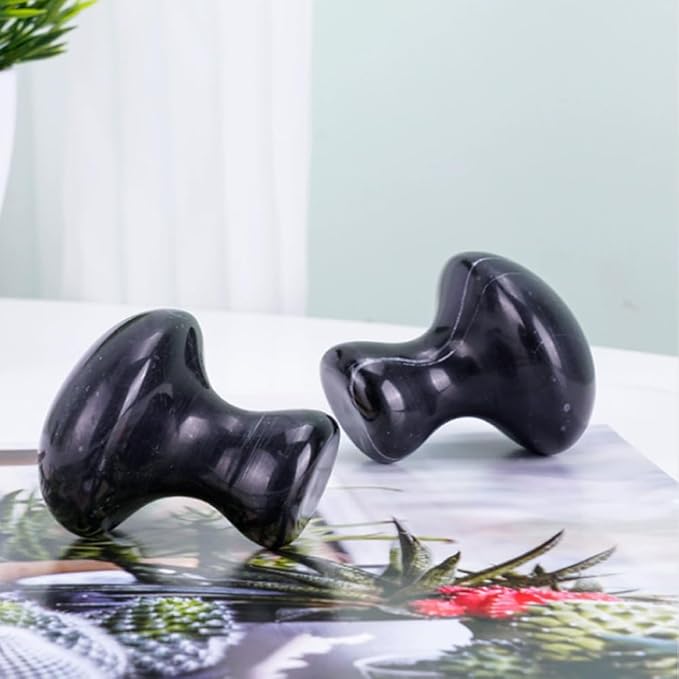 2 Pcs Mushroom Shaped Massage Stones Natural Bian Stone Hot Rock for Spa Massage (2-S, Black)