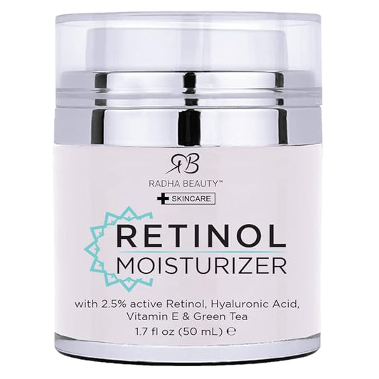 Radha Beauty Moisturizing Miracle Retinol Cream for Face - with 2.5% Retinol, Hyaluronic Acid, Vitamin E and Green Tea. Luxury Night and Day Cream 1.7 fl oz.